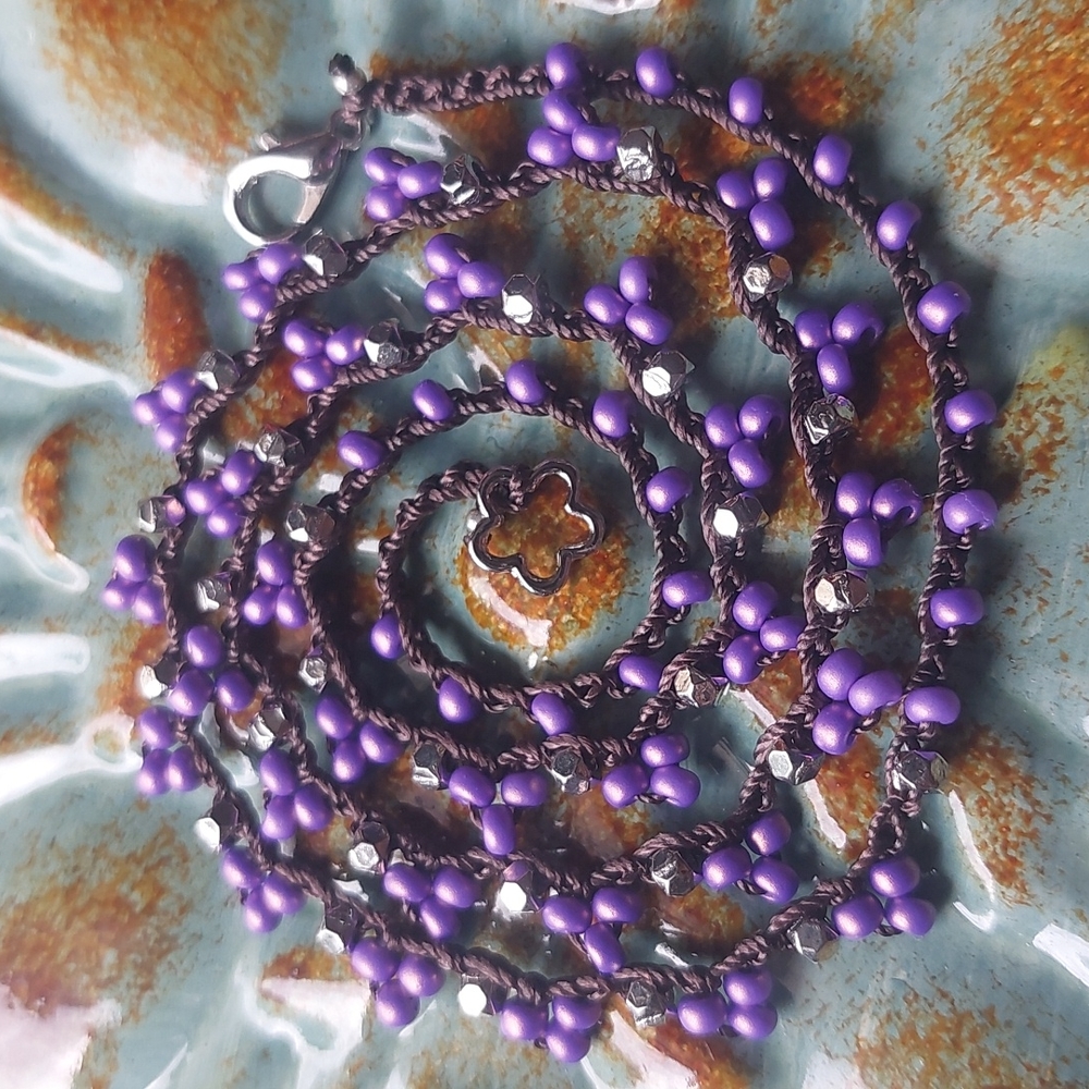 Handmade Bead Crochet Necklace, Purple Brown & Silver by Rust Be…